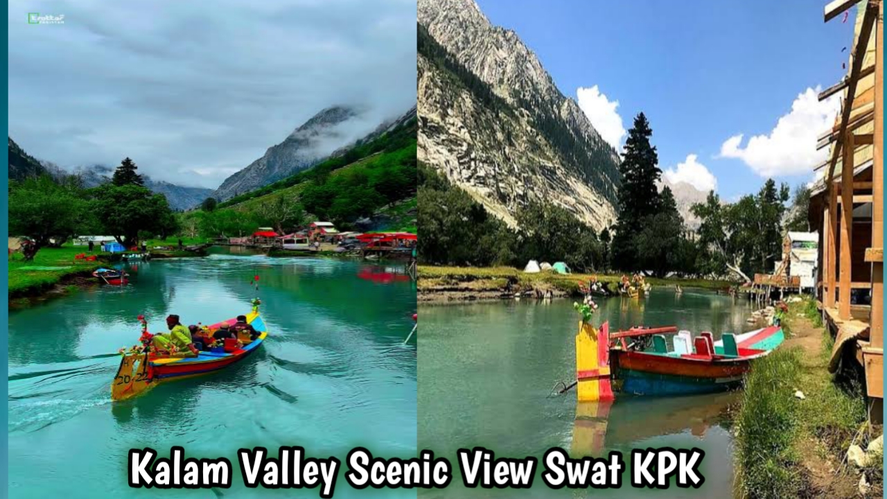 Scenic view of Kalam Valley with river, green mountains and blue sky in Swat KPK Pakistan