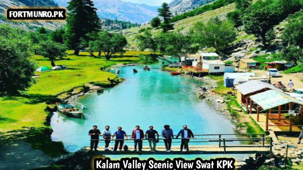 Scenic view of Kalam Valley with river, green mountains and blue sky in Swat KPK Pakistan