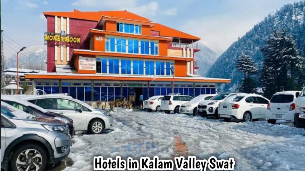 Hotels and accommodation buildings in Kalam Valley Swat surrounded by green mountains