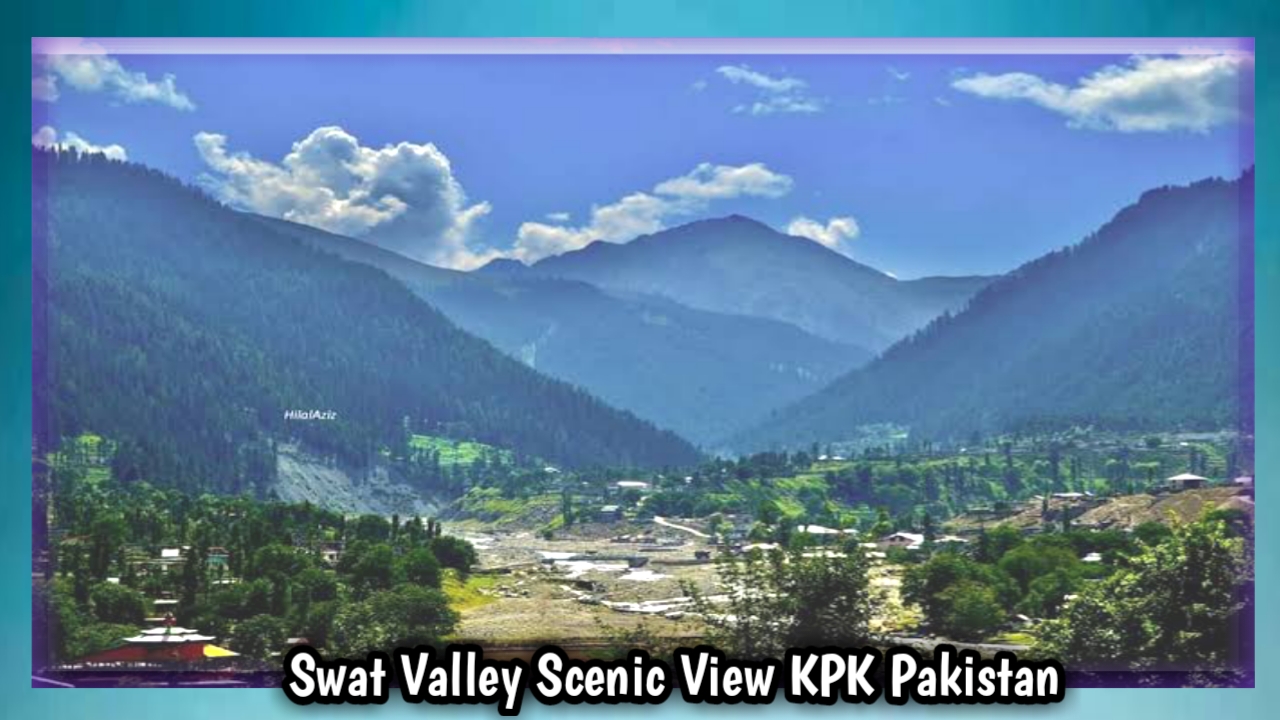 A panoramic view of Swat Valley with lush green mountains, flowing river, and blue sky