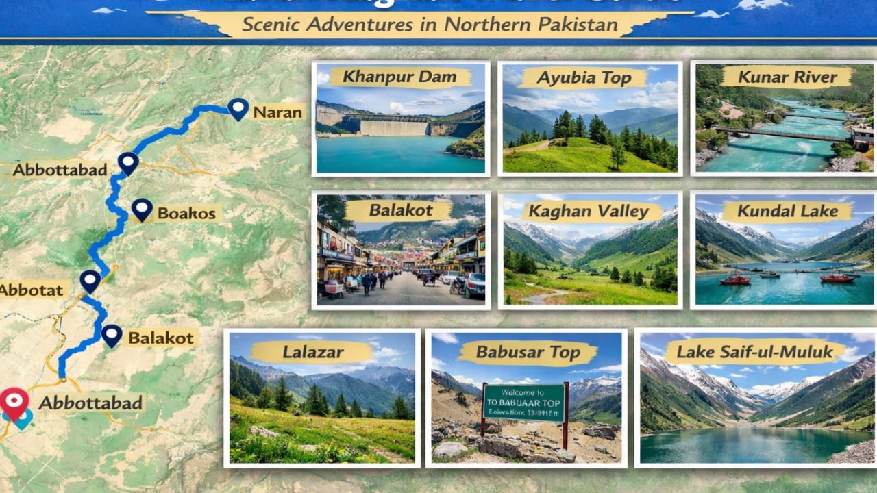 Scenic view of Naran Kaghan Valley with river, green mountains and blue sky