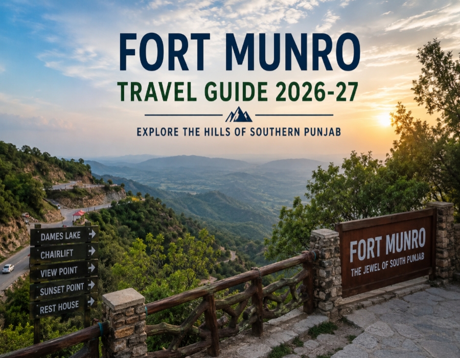 Fort Munro Travel Guide 2026-27 feature image showing scenic mountains, sunset view, winding roads, and tourist attractions in South Punjab Pakistan