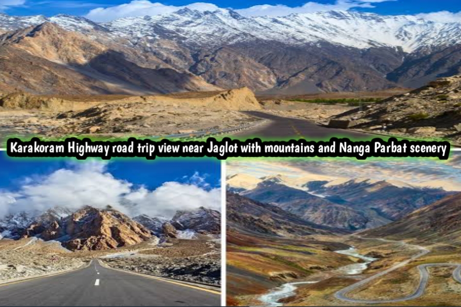 Karakoram Highway road trip view near Jaglot with mountains and Nanga Parbat scenery