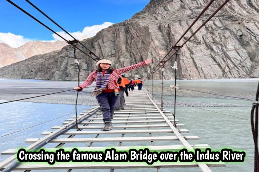 Crossing the famous Alam Bridge over the Indus River"