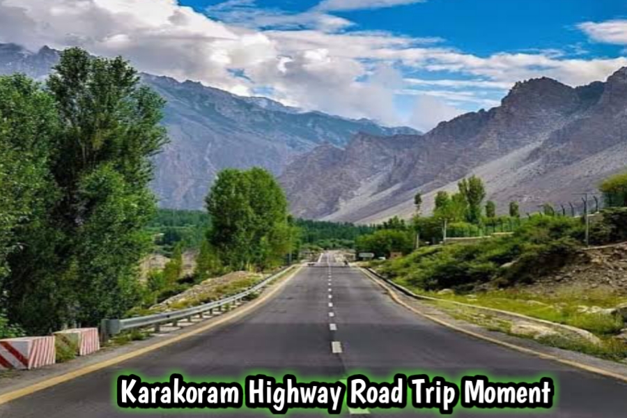 Travelers enjoying a road trip on Karakoram Highway in northern Pakistan