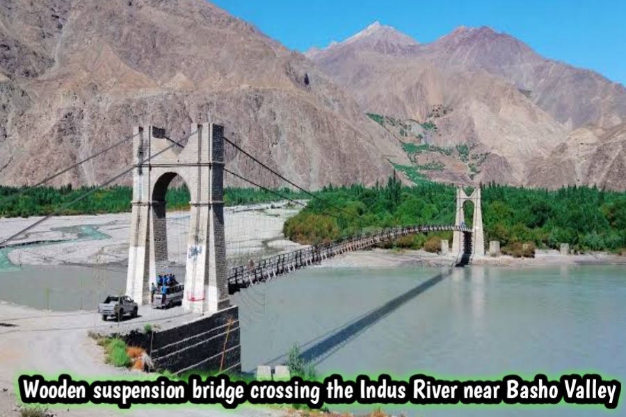 Wooden suspension bridge crossing the Indus River near Basho Valley