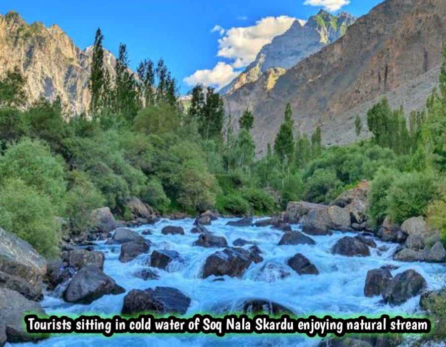 Tourists sitting in cold water of Soq Nala Skardu enjoying natural stream – Travel Diary Pakistan Part 10