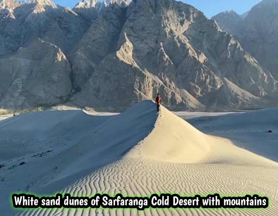 White sand dunes of Sarfaranga Cold Desert with mountains in background