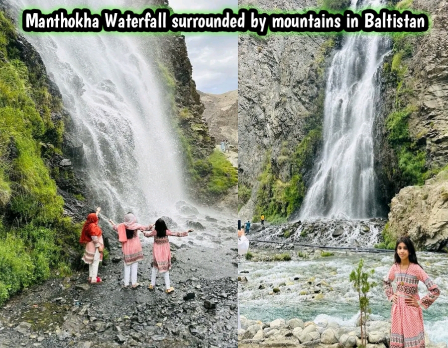 Manthokha Waterfall surrounded by mountains in Baltistan