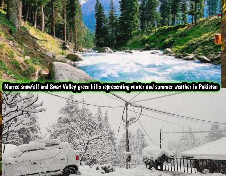 Murree snowfall and Swat Valley green hills representing winter and summer weather in Pakistan