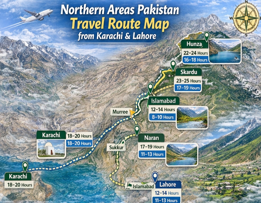 Northern Areas Pakistan travel route map from Karachi and Lahore
