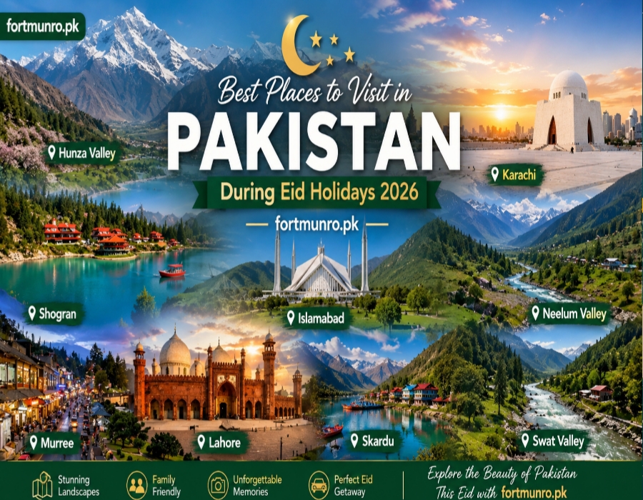 Best places to visit in Pakistan during Eid Holidays 2026 featuring Hunza Valley, Karachi, Murree, Lahore, Swat Valley, Skardu, Islamabad, and Neelum Valley.