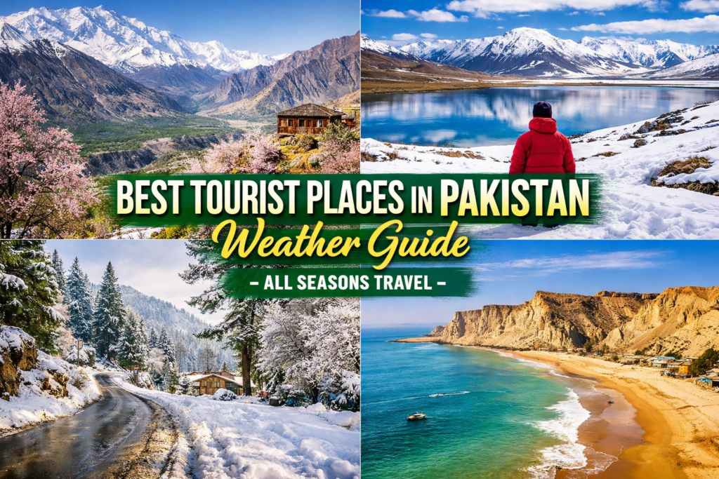 Best tourist places in Pakistan weather guide showing Hunza, Skardu, Murree, Swat and Gwadar travel destinations in all seasons