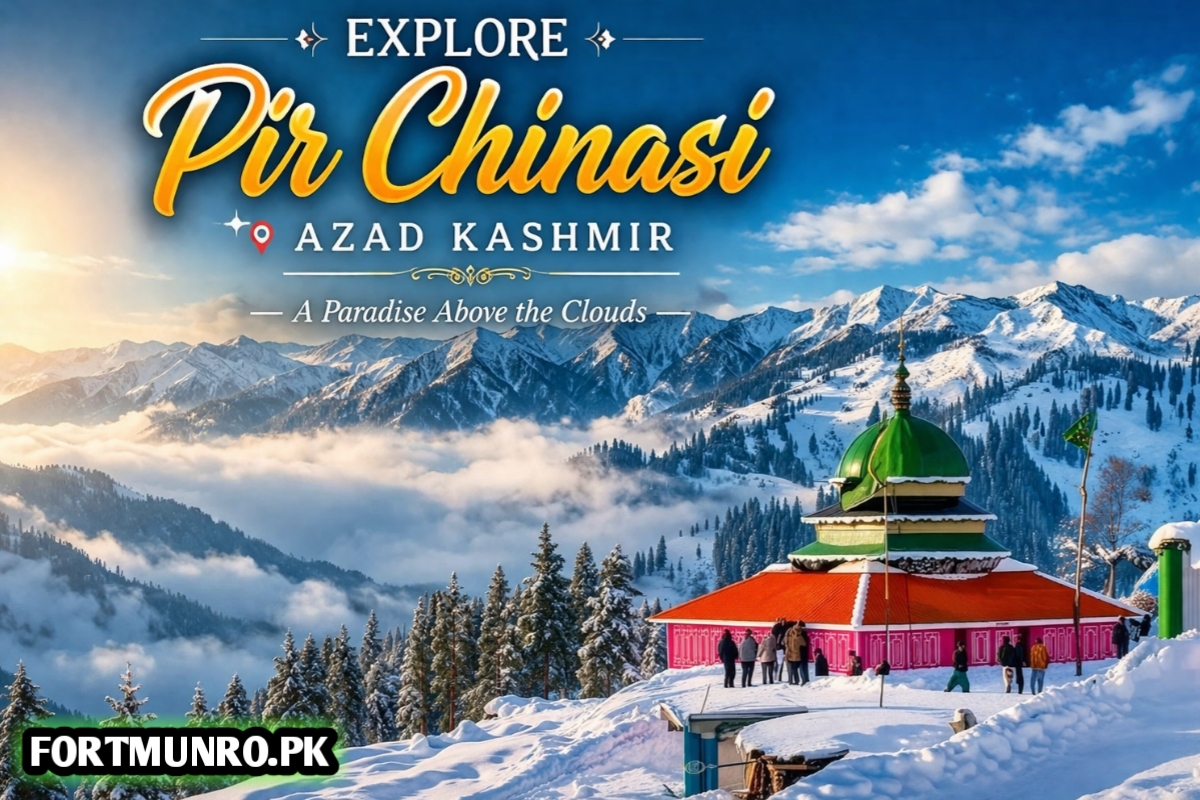 Pir Chinasi Azad Kashmir snow covered mountains scenic view with shrine and clouds