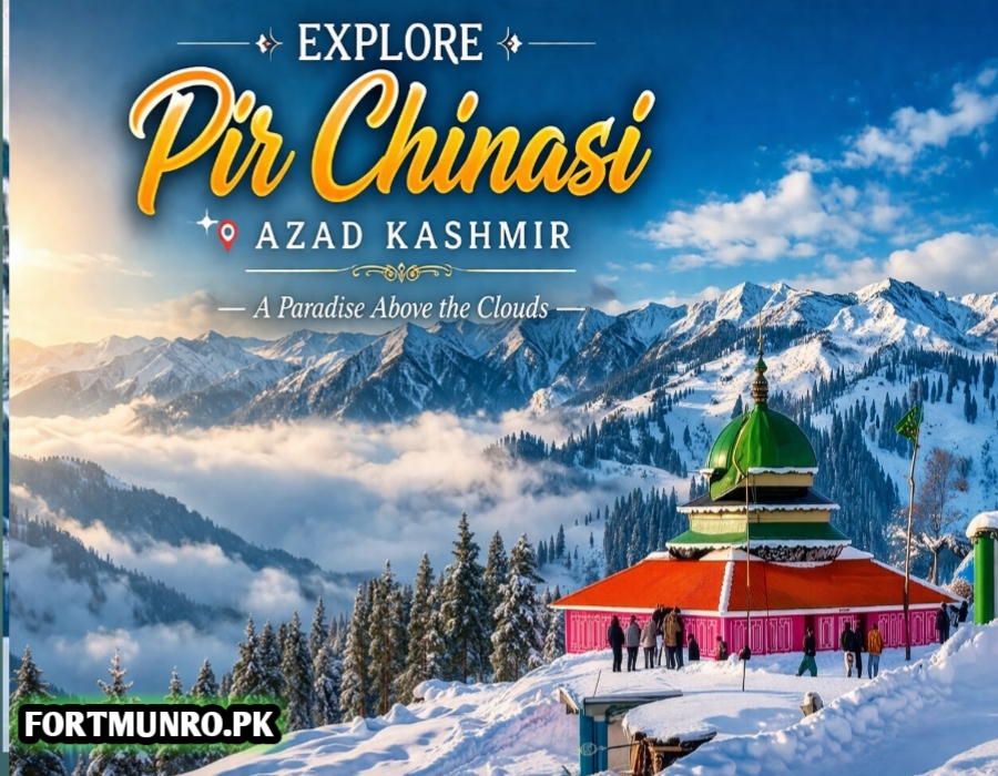 Pir Chinasi Azad Kashmir snow covered mountains scenic view with shrine and clouds