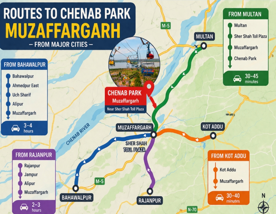 Route map to Chenab Park Muzaffargarh from Multan Bahawalpur Rajanpur Kot Addu