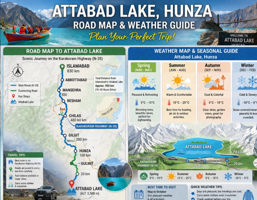 Attabad Lake road map from Islamabad via Karakoram Highway with weather guide for all seasons