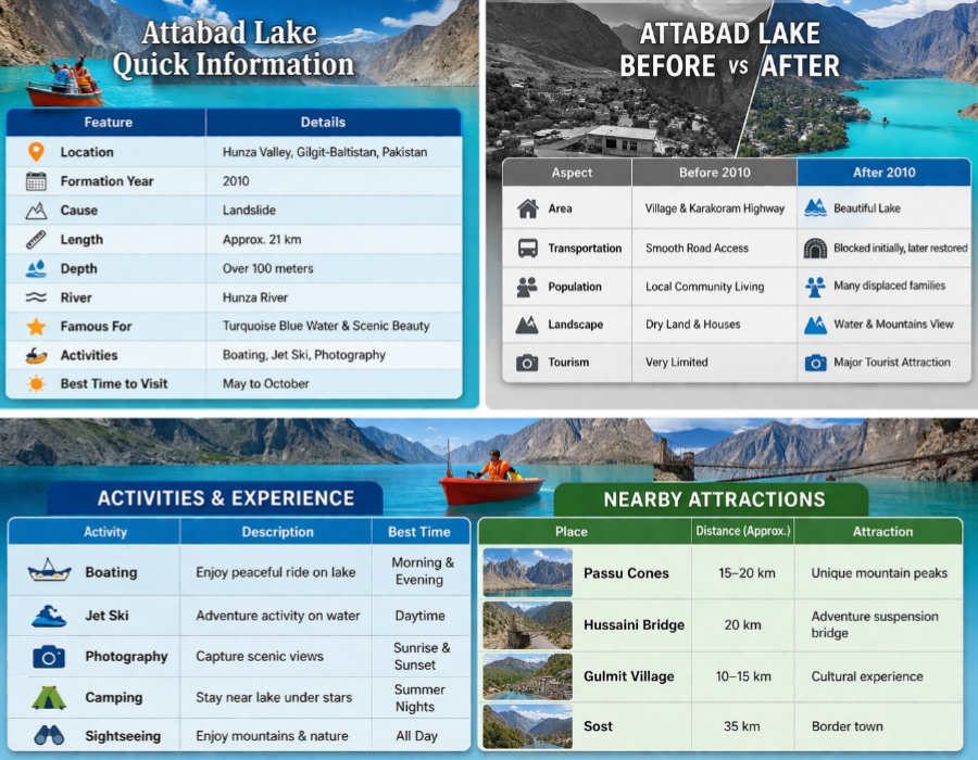 Attabad Lake before and after 2010 landslide comparison showing village and lake transformation