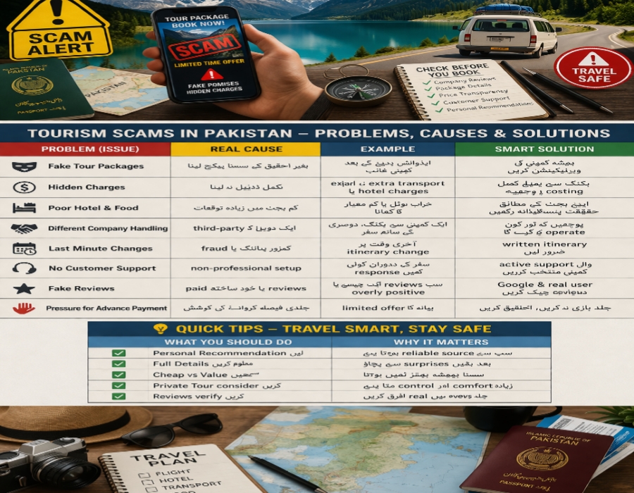 Tourism scams problems causes and solutions table infographic Pakistan travel guide