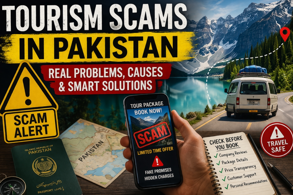 Tourism scams in Pakistan warning image with travel safety tips and scam alert concept