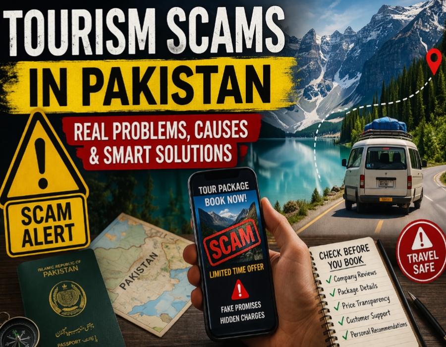 Tourism scams in Pakistan warning image with travel safety tips and scam alert concept