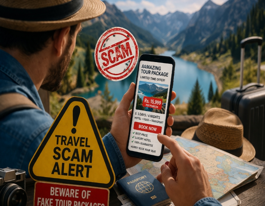 travel scam alert warning sign with tourist booking fake tour package on mobile