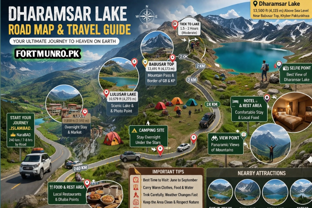 Dharamsar Lake at 13,500 ft surrounded by snow-capped mountains, green meadows, and trekking paths near Babusar Top, Northern Pakistan"