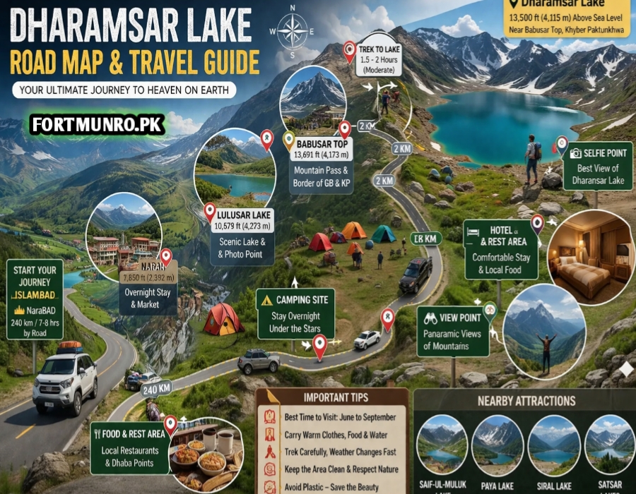 Dharamsar Lake at 13,500 ft surrounded by snow-capped mountains, green meadows, and trekking paths near Babusar Top, Northern Pakistan"