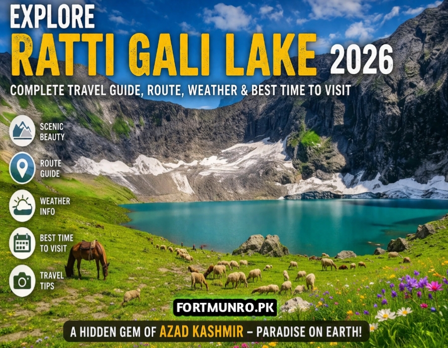 Panoramic view of Ratti Gali Lake in Neelum Valley with alpine mountains and clear blue water, perfect for trekking and photography.