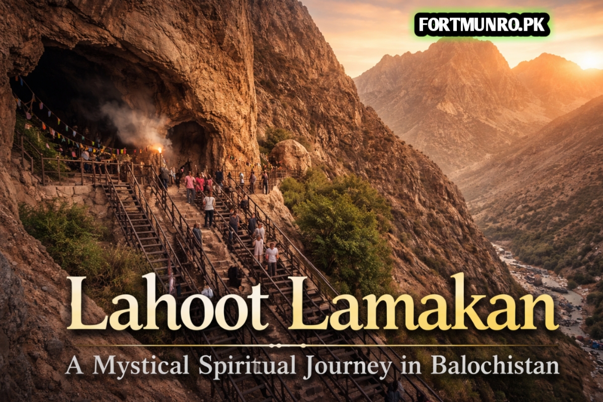 Lahoot Lamakan cave entrance with pilgrims climbing stairs in Balochistan mountains at sunset