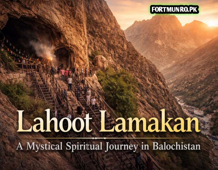 Lahoot Lamakan cave entrance with pilgrims climbing stairs in Balochistan mountains at sunset