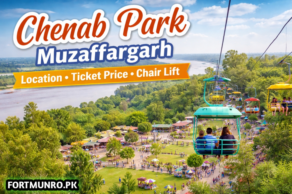 Scenic view of Chenab Park Muzaffargarh with chair lift, greenery, and River Chenab landscape in South Punjab Pakistan
