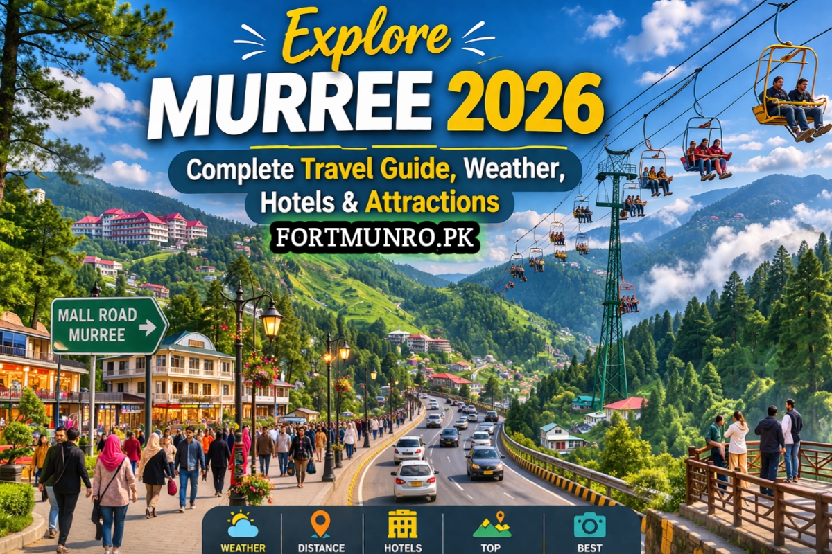 Scenic view of Murree hill station with green mountains, pine forests, winding road, tourists on Mall Road, and chair lift in background