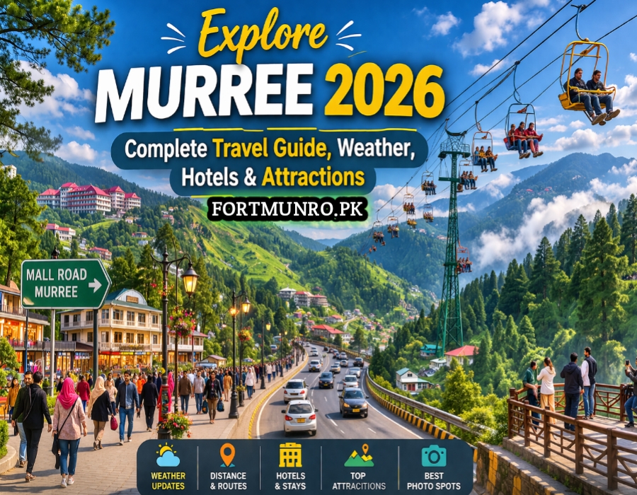 Scenic view of Murree hill station with green mountains, pine forests, winding road, tourists on Mall Road, and chair lift in background