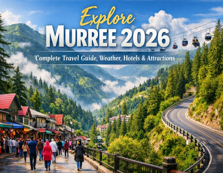 Explore Murree 2026 travel guide banner showing Mall Road, chair lift, mountains, and tourist activities in Murree Pakistan