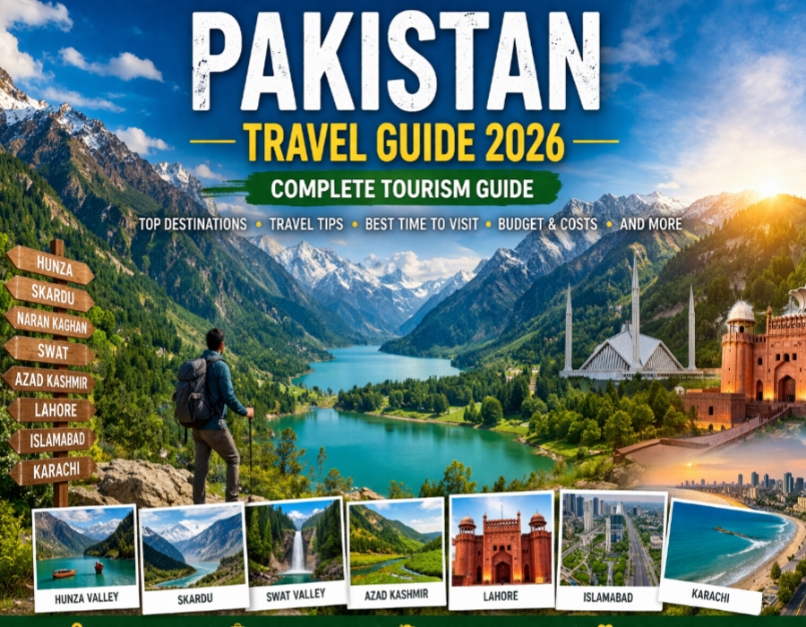 Beautiful scenic view of Pakistan northern areas with mountains, lake, and tourist attractions