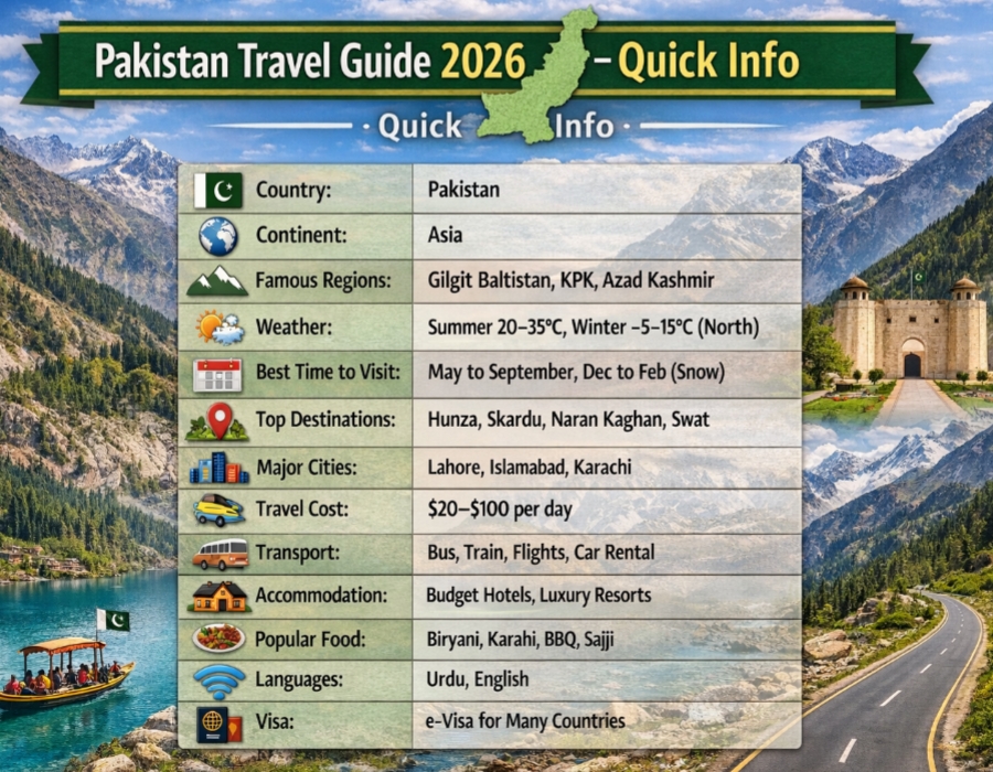 Pakistan travel guide 2026 quick information table including weather, destinations, travel cost, and tips