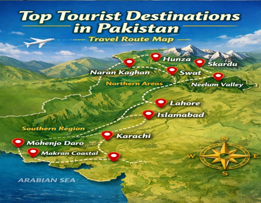 Pakistan travel route map showing top tourist destinations including Hunza, Skardu, Swat, Neelum Valley, Lahore, Islamabad, Karachi, and Makran Coastal Highway