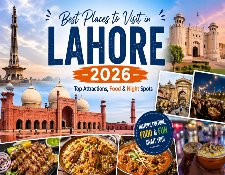 Best Places to Visit in Lahore 2026 featured travel collage showing Badshahi Mosque, Lahore Fort, food streets, shopping malls, parks and nightlife spots