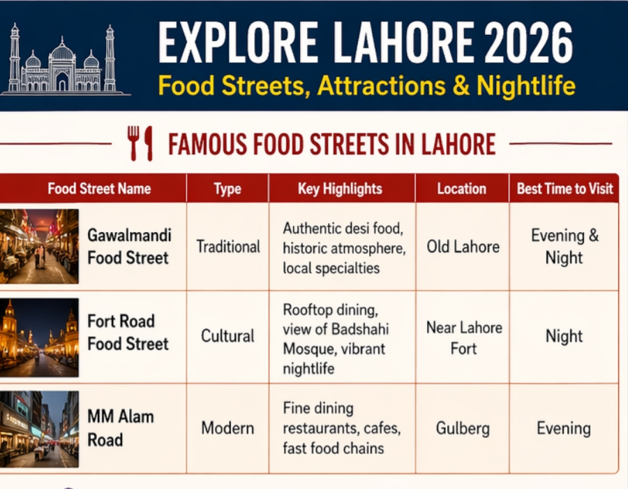 Lahore travel guide tables showing famous food streets, shopping malls, parks, and nightlife spots with locations and best visiting times