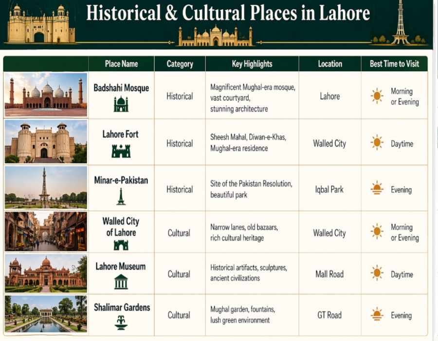 Historical and cultural places in Lahore table including Badshahi Mosque, Lahore Fort, Minar-e-Pakistan and Shalimar Gardens with travel details