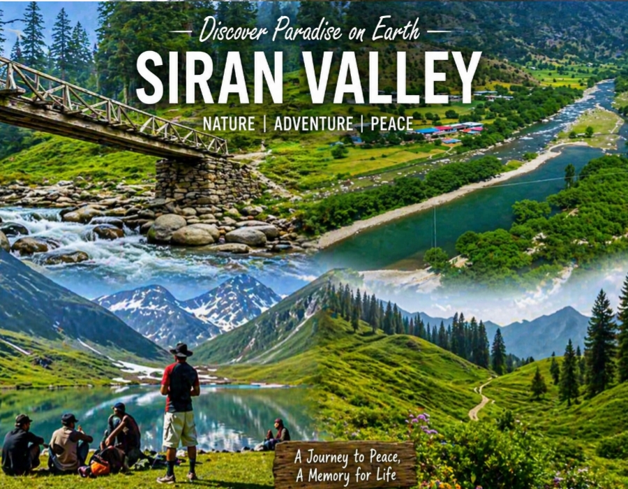 Siran Valley scenic collage showing river, wooden bridge, lush green hills, snow-capped mountains and tourists enjoying nature in northern Pakistan