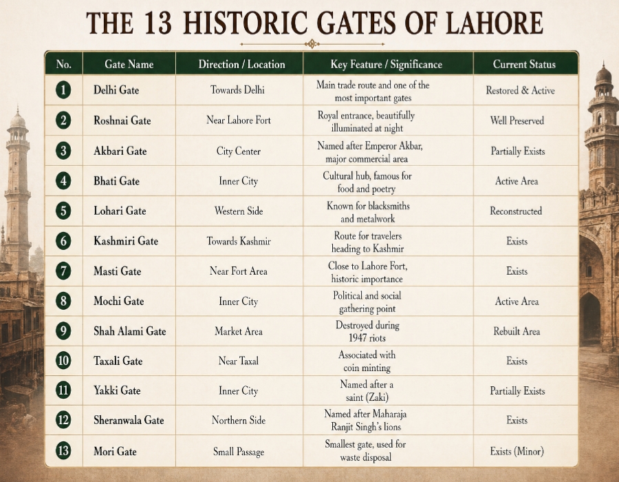 Table showing the 13 historic gates of Lahore with names locations and significance