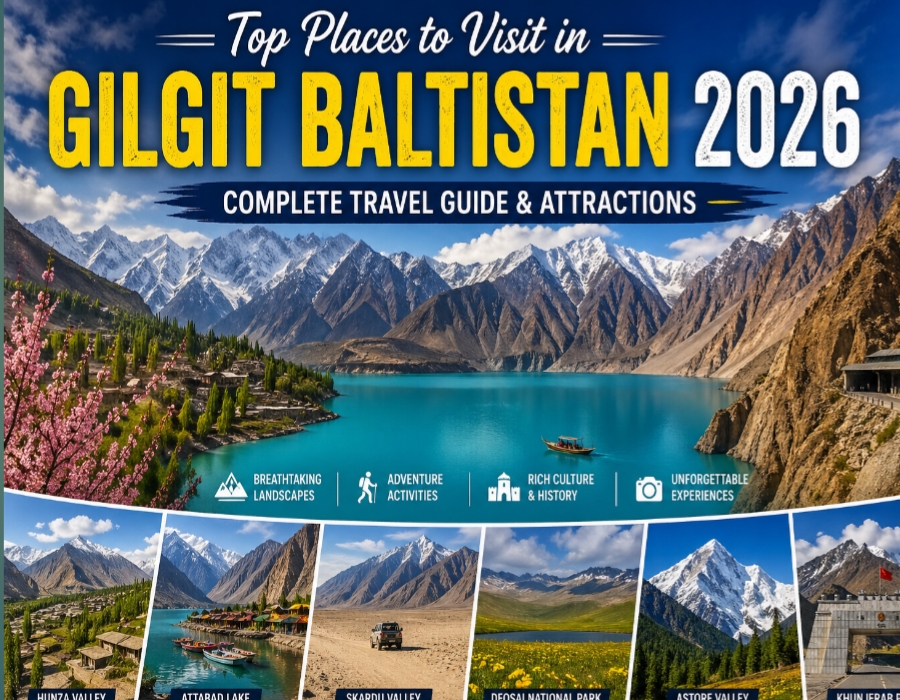 Top Places in Gilgit Baltistan 2026 featuring Hunza Valley, Attabad Lake and Skardu mountains