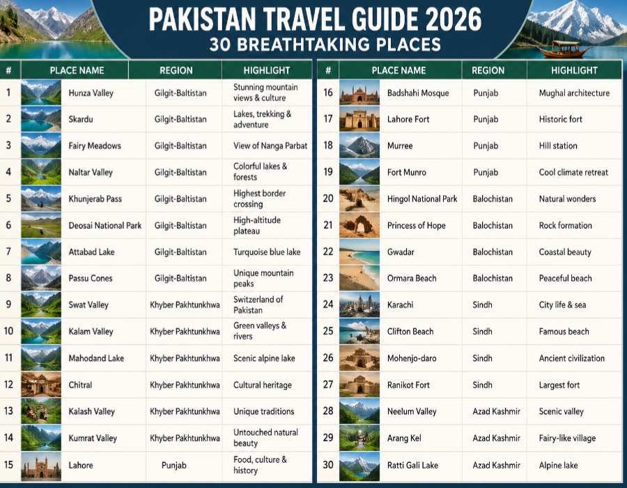 Pakistan Travel Guide 2026 table showing 30 breathtaking places with regions and highlights including Hunza Valley, Skardu, Lahore, and Gwadar