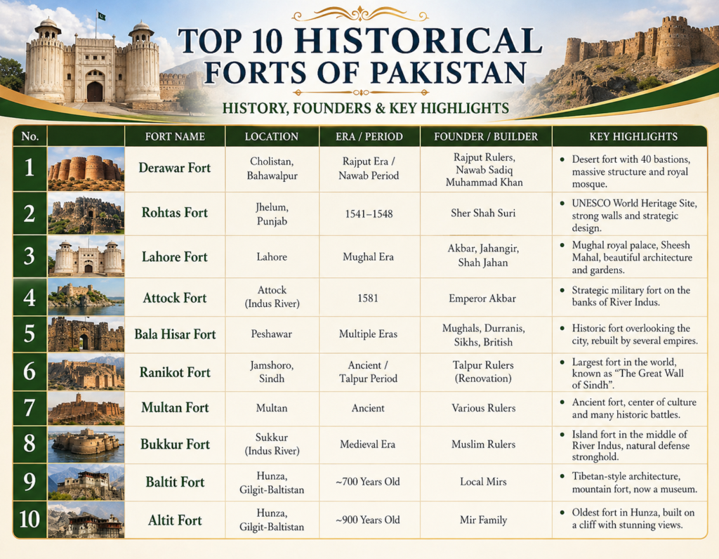 Comparison table of famous forts of Pakistan with location, history, founders and key highlights
