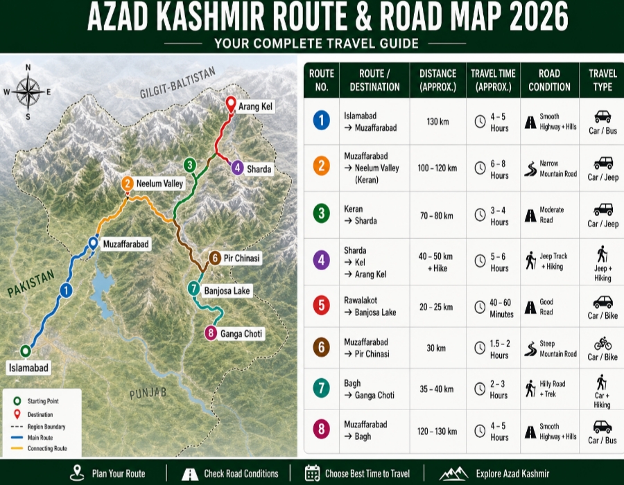 Azad Kashmir route map 2026 Islamabad to Neelum Valley road distances travel routes guide