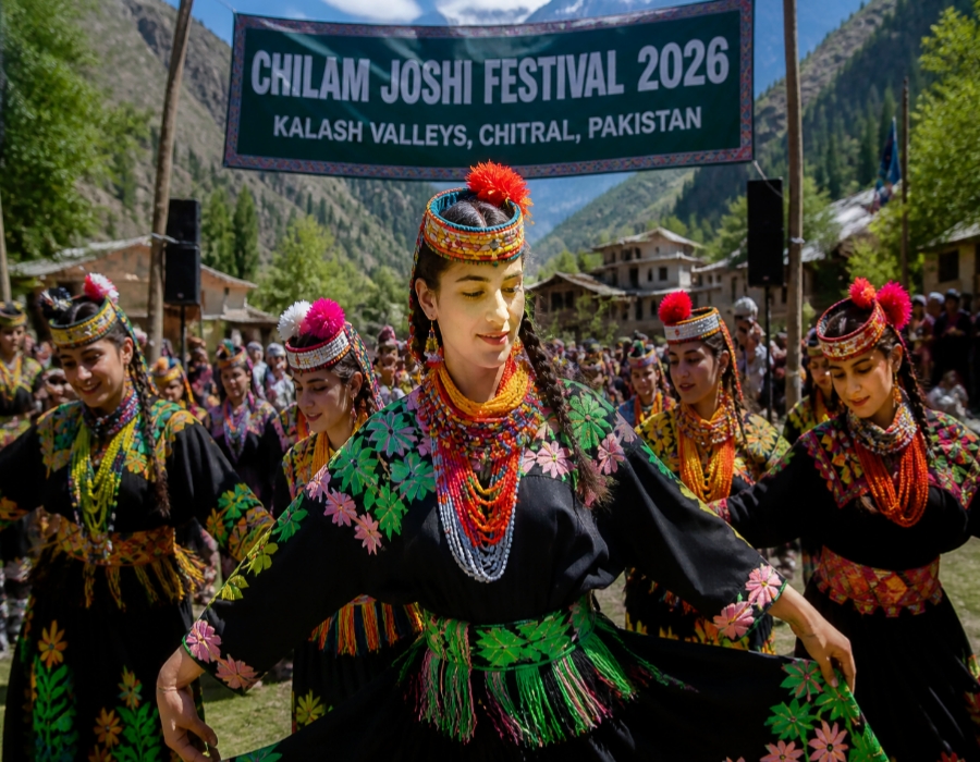 Chilam Joshi Festival 2026 celebration in Kalash Valley with traditional dancers, colorful dresses, and scenic mountains of Chitral Pakistan