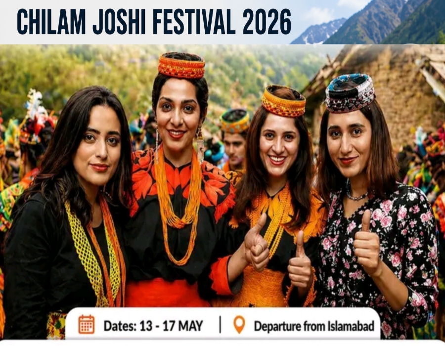 Kalash people performing traditional circle dance with drums and music during Chilam Joshi Festival 2026 in Chitral
