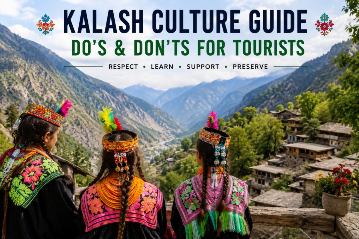 Kalash culture guide for tourists in Pakistan with traditional Kalash women and mountain valley scenery